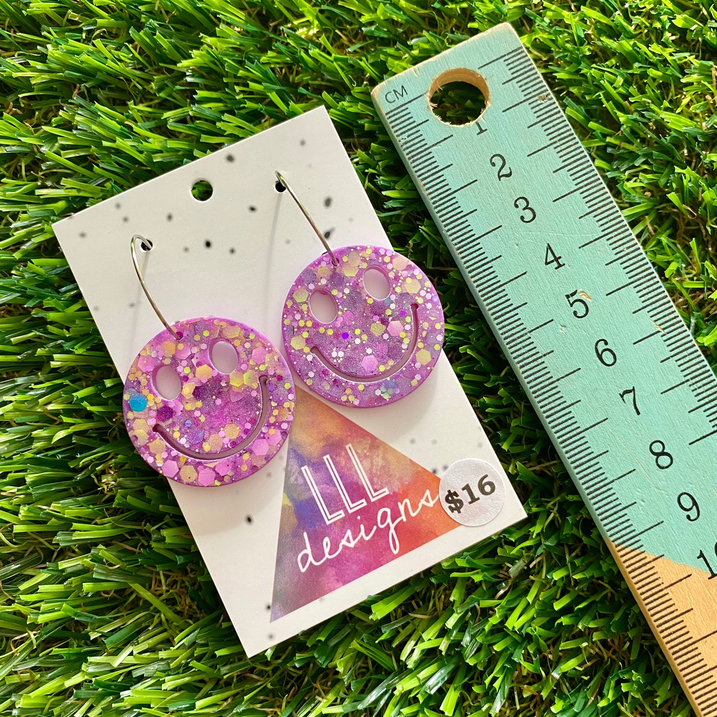 ON SALE!!!! Resin Earrings - Purple and Yellow Confetti Smiley Faces Featuring Silver Hoops!