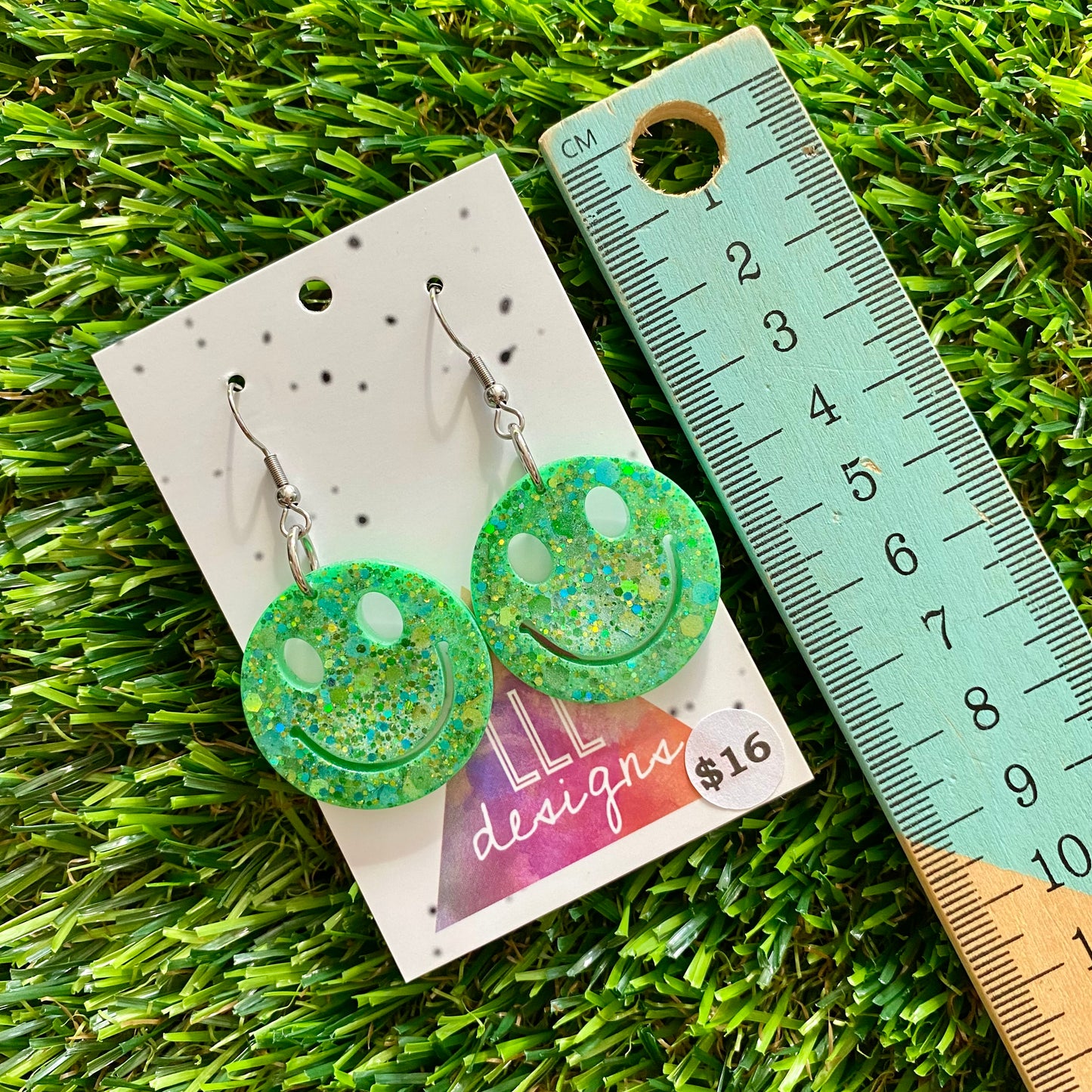 ON SALE!!!! Resin Earrings - Green and Blue Confetti Smiley Faces Featuring a Hook Top!