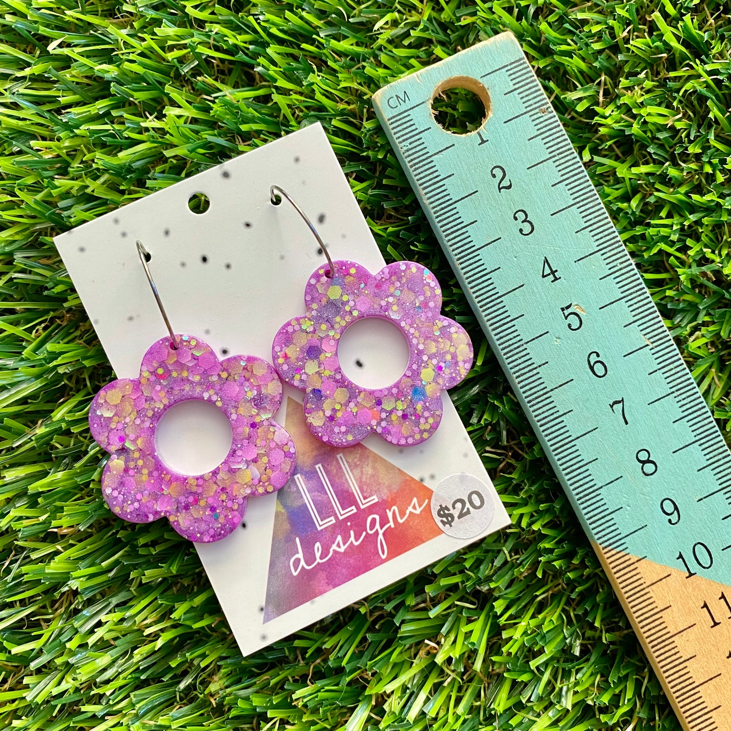 ON SALE!!!! Resin Earrings - Purple and Yellow Confetti Daisies Featuring Silver Hoops! 