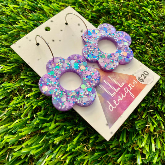 ON SALE!!!! Resin Earrings - Purple Multi Glitter Daisies Featuring Silver Hoops!