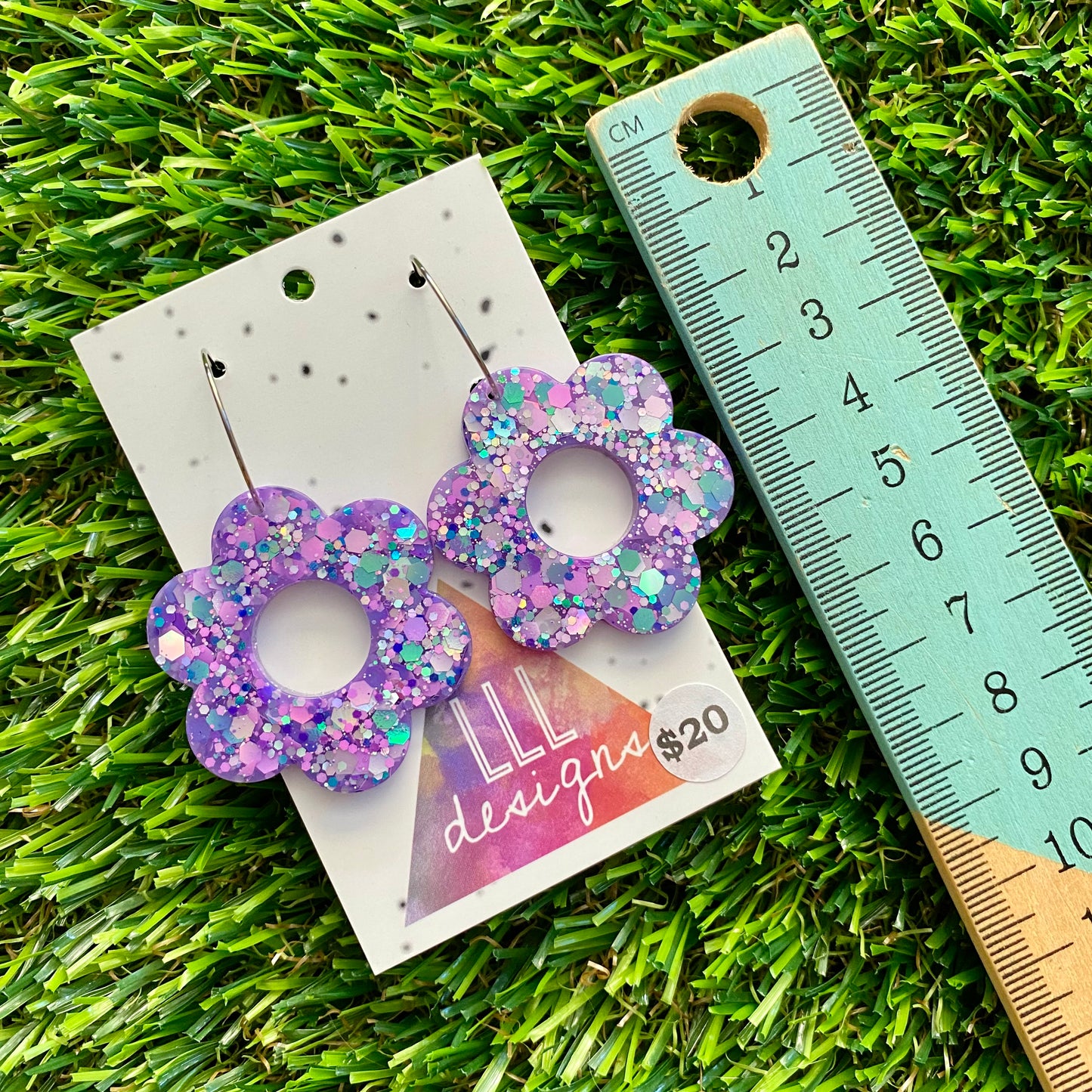 ON SALE!!!! Resin Earrings - Purple Multi Glitter Daisies Featuring Silver Hoops!