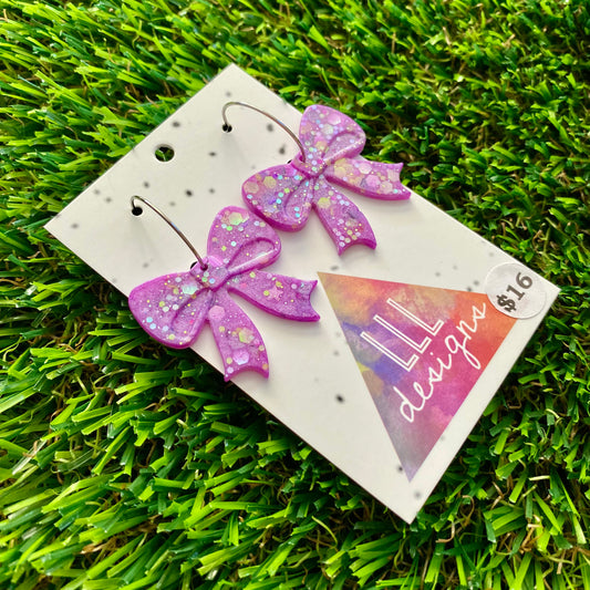 ON SALE!!!! Resin Earrings - Purple and Yellow Confetti Bows Featuring Silver Hoops!