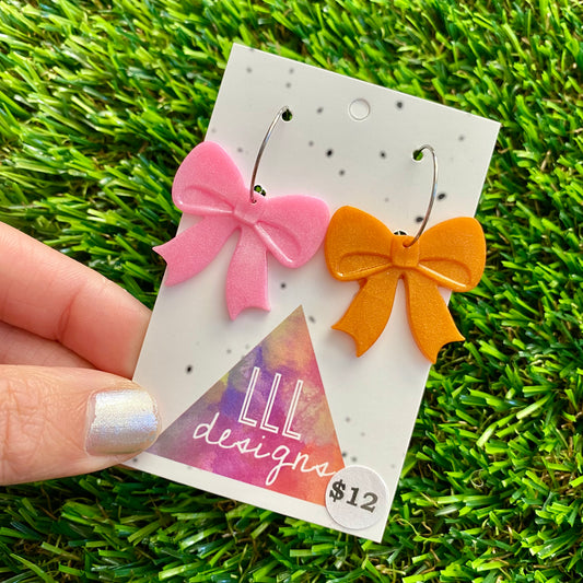 ON SALE!!!! Resin Earrings - Pink and Orange Duo Bows Featuring Silver Hoops!