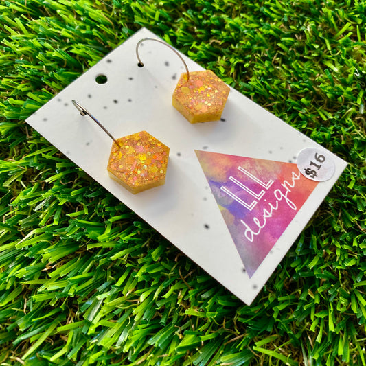 ON SALE!!!! Resin Earrings - Gold Multi Glitter Hexagons Featuring Silver Hoops!