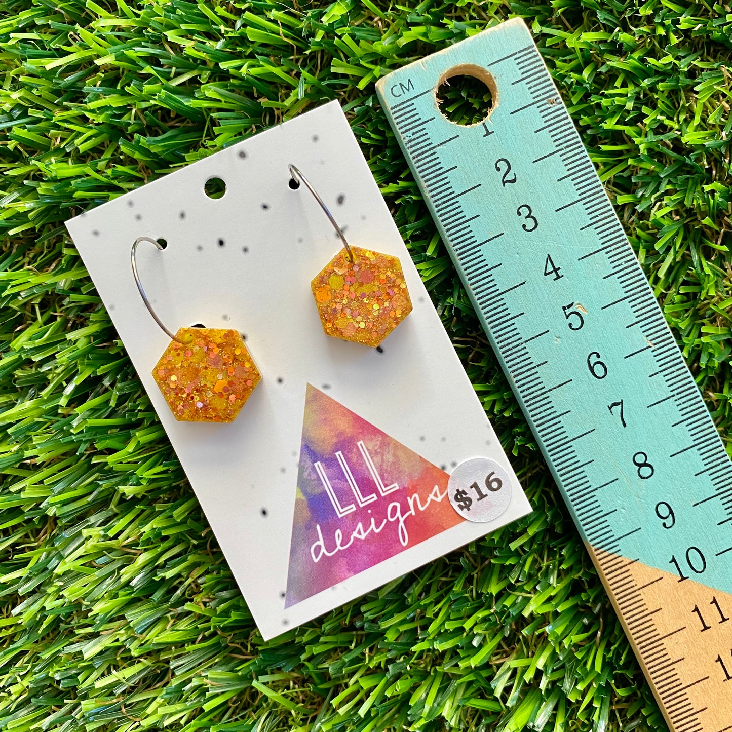 ON SALE!!!! Resin Earrings - Gold Multi Glitter Hexagons Featuring Silver Hoops!