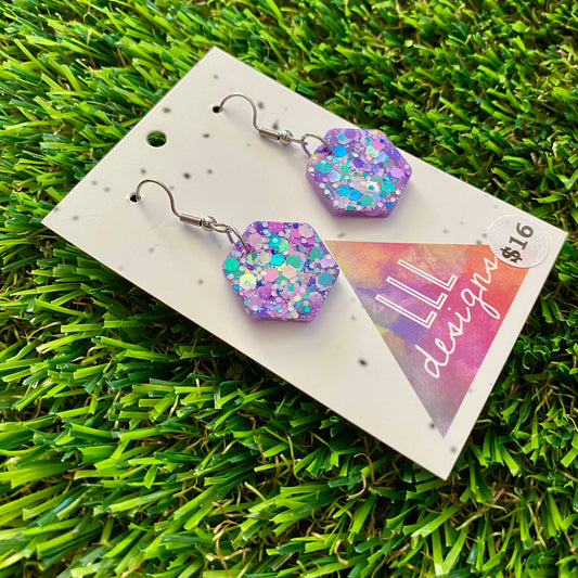 ON SALE!!!! Resin Earrings -Purple Multi Glitter Hexagons Featuring a Hook Top!