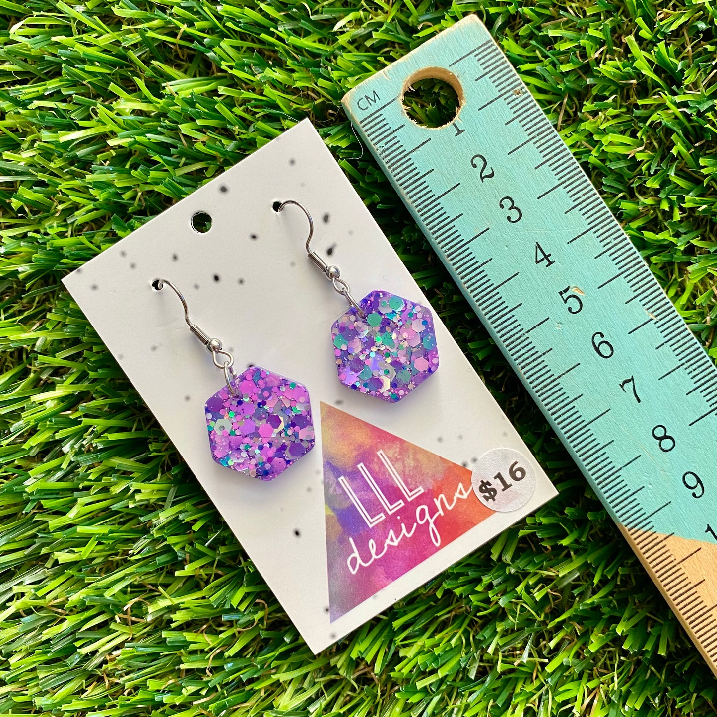 ON SALE!!!! Resin Earrings -Purple Multi Glitter Hexagons Featuring a Hook Top!