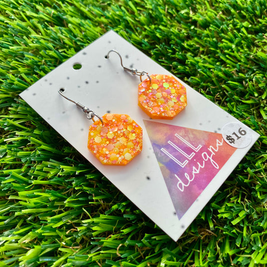 ON SALE!!!! Resin Earrings - Orange Multi Glitter Pentagon Featuring a Hook Top!