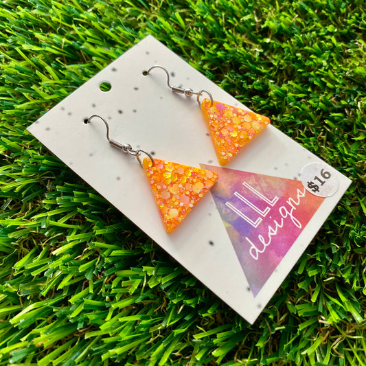 ON SALE!!!! Resin Earrings - Orange Multi Glitter Triangle Featuring a Hook Top!