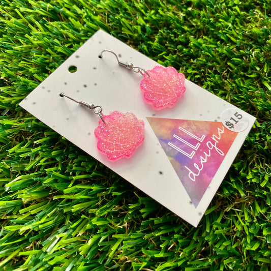 ON SALE!!!! Resin Earrings - Pink Glitter Shell Dangles Featuring a Hook Top!