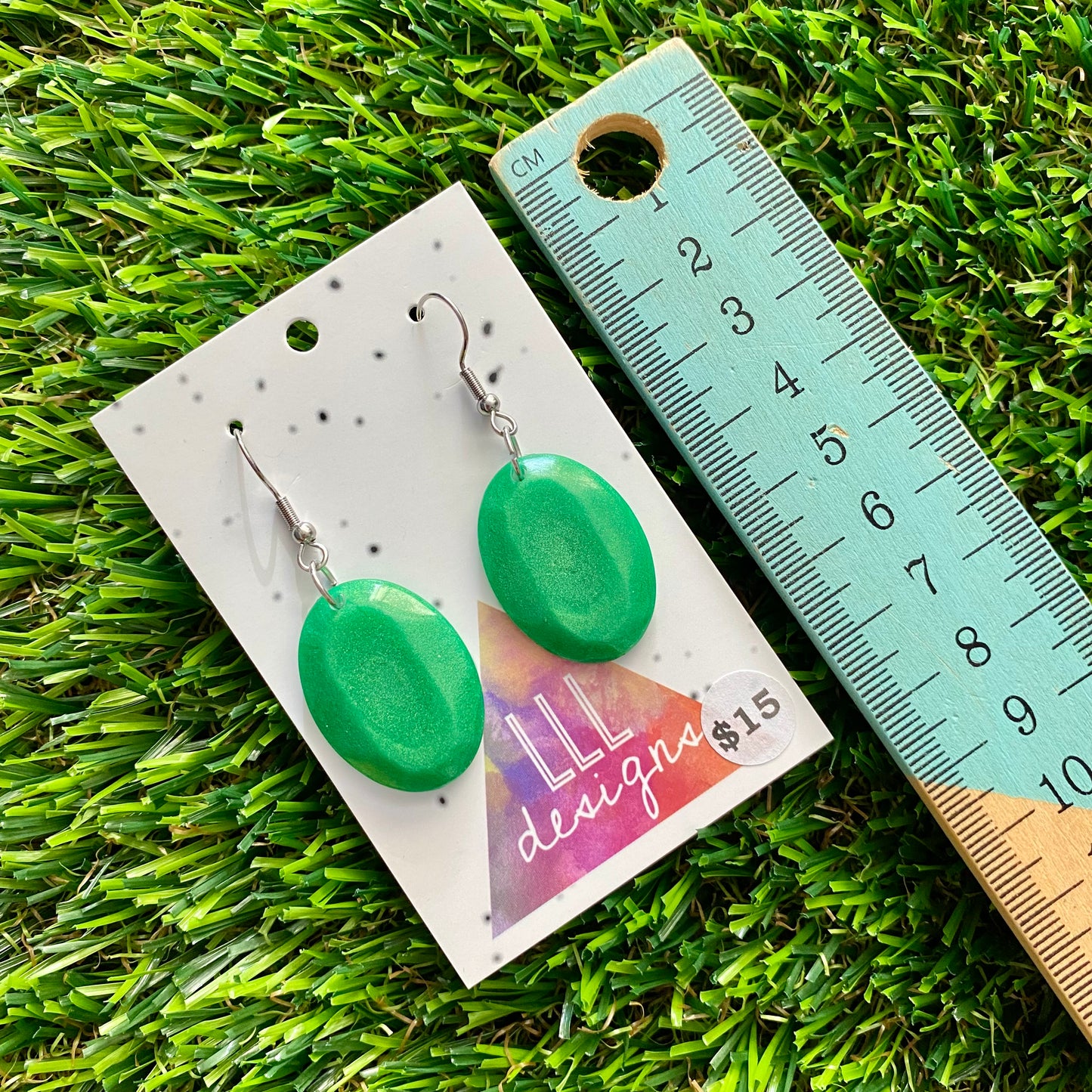 ON SALE!!!! Resin Earrings - Green Gem Style Oval Dangles Featuring a Hook Top!