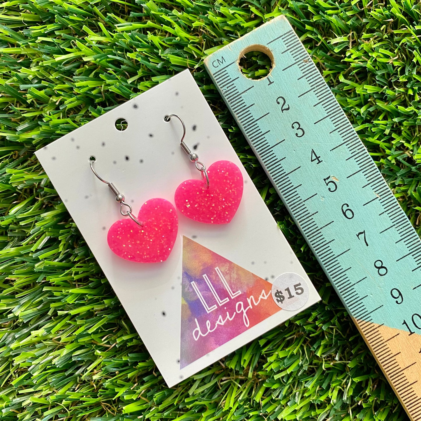 ON SALE!!!! Resin Earrings - Neon Pink Glitter Hearts Featuring a Hook Top!