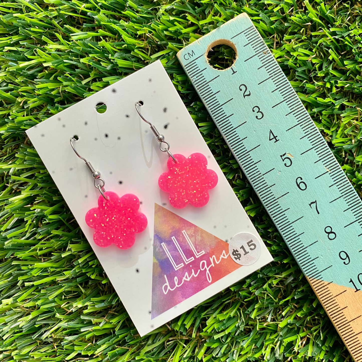 ON SALE!!!! Resin Earrings - Neon Pink Glitter Flowers Featuring a Hook Top!