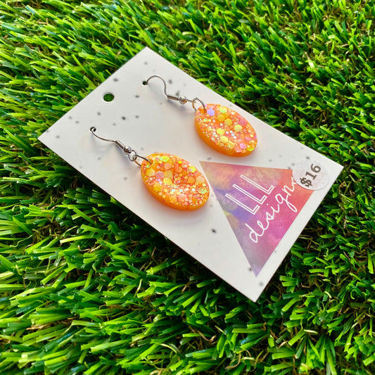 ON SALE!!!! Resin Earrings - Orange Multi Glitter Oval Disk Featuring a Hook Top!