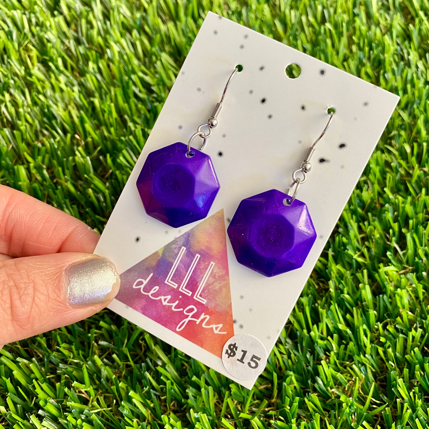 ON SALE!!!! Resin Earrings - Royal Purple Gem Style Pentagon Featuring a Hook Top!