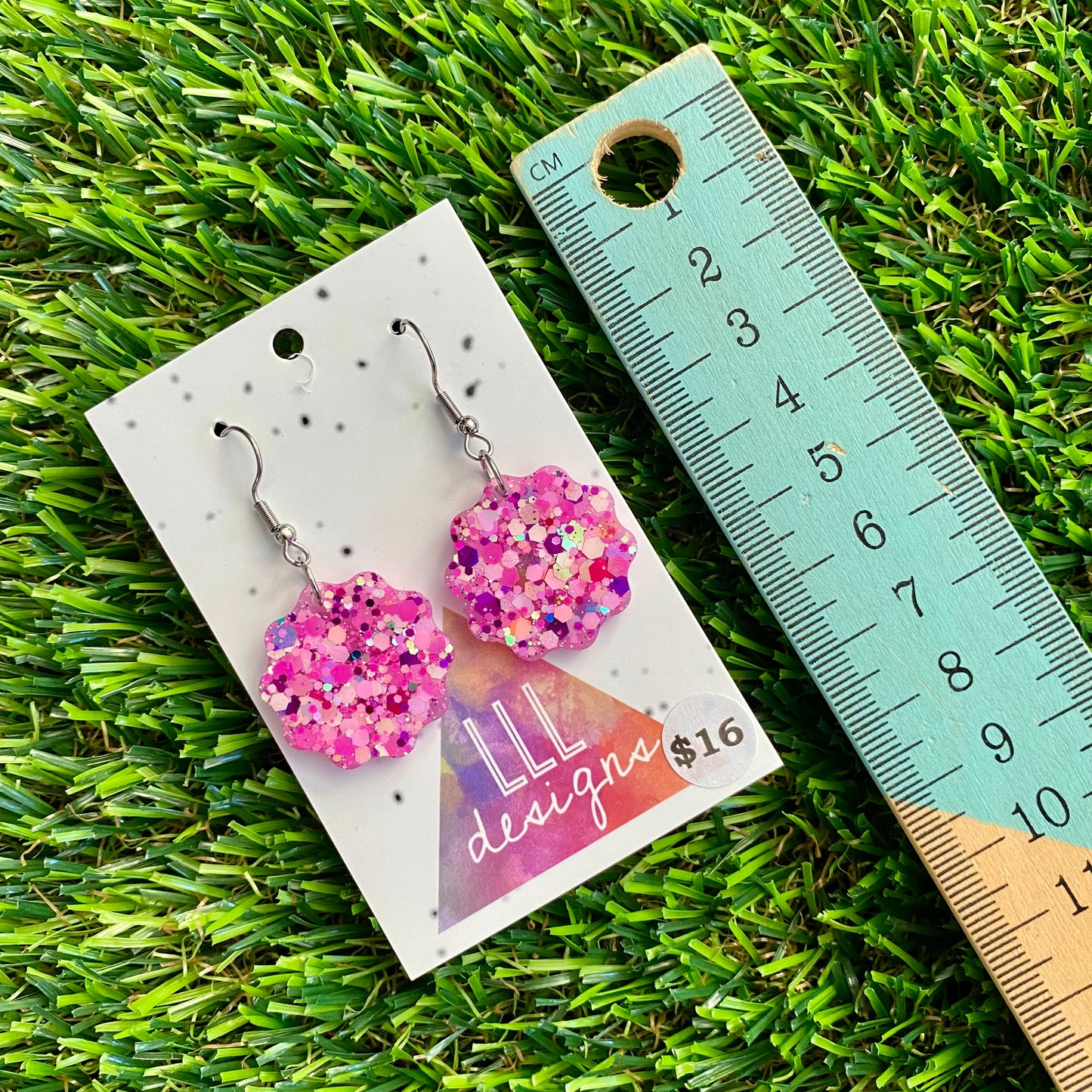 ON SALE!!!! Resin Earrings - Pink Multi Glitter Wavy Circle Featuring a Hook Top!