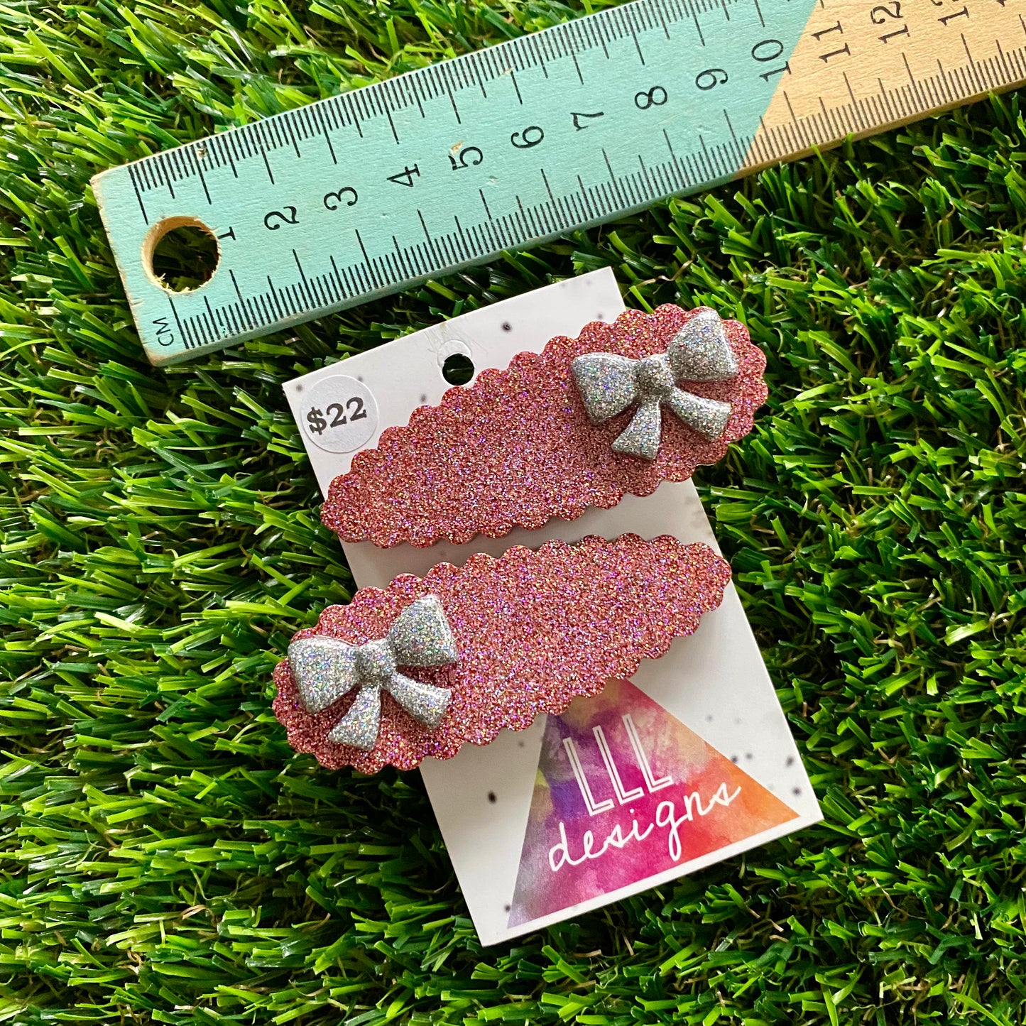 Handmade Resin Hair Clip - Bronze Glitter Scalloped Hair Clip Pair Featuring a Small Glitter Silver Bow!