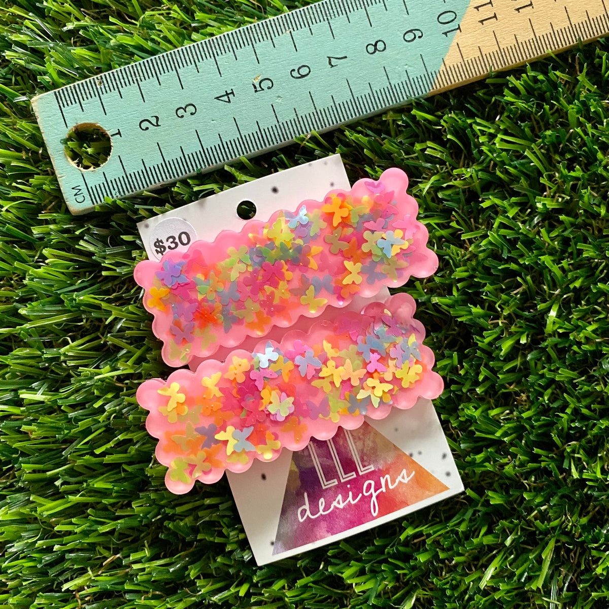 Handmade Resin Hair Clip - Pink Duel Layered Rainbow Butterfly Confetti Rectangular Scalloped Hair Clip Pair!