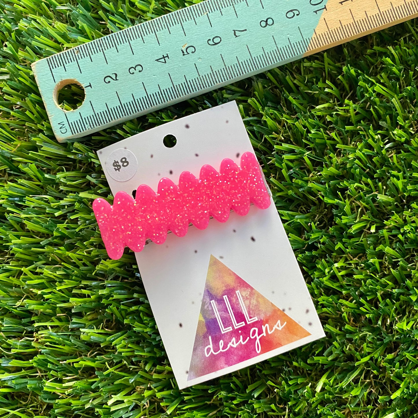 Handmade Resin Hair Clip - Neon Glitter Pink Ups and Downs Hair Clip!