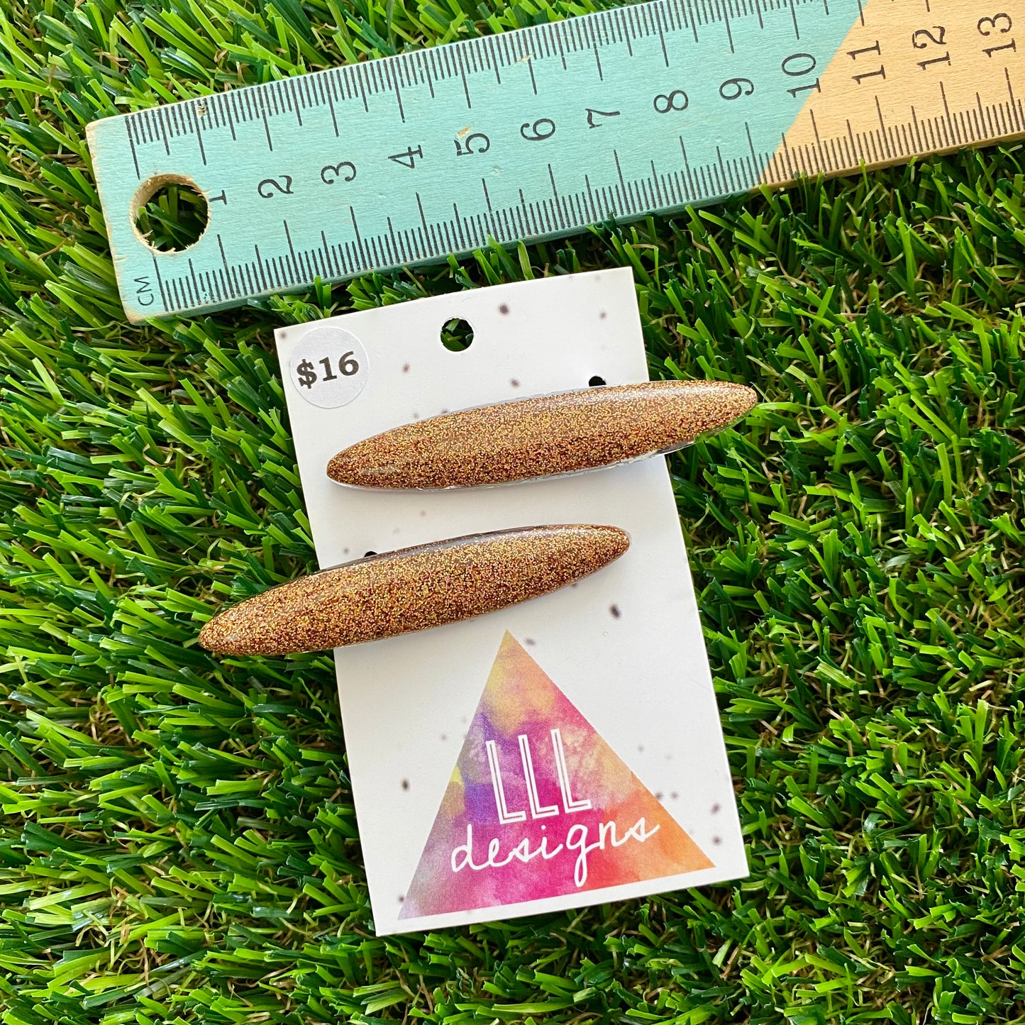 Handmade Resin Hair Clip - Glitter Gold Rounded Edge Bar Hair Clip Pair!