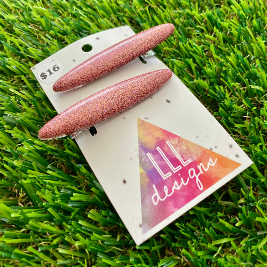 Handmade Resin Hair Clip - Glitter Dusty Pink Rounded Edge Bar Hair Clip Pair!