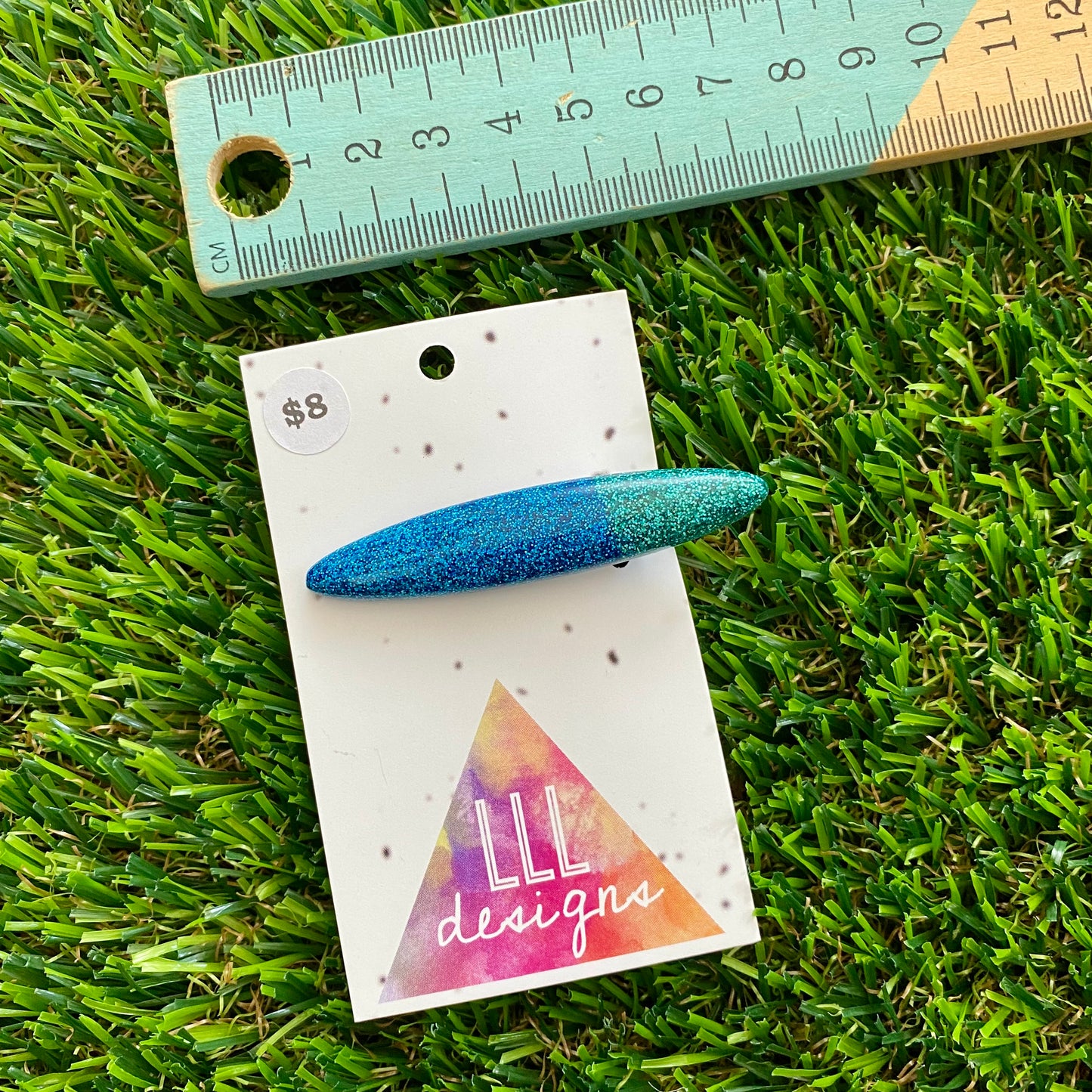 Handmade Resin Hair Clip - Glitter Two Tone Blue Rounded Edge Bar Hair Clip!