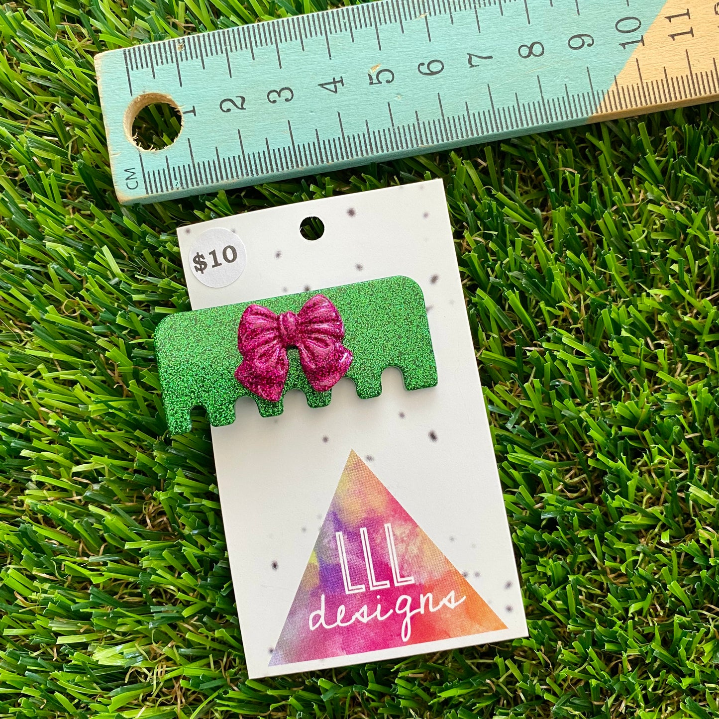 Handmade Resin Hair Clip - Glitter Green Comb Hair Clip Featuring a Pink Bow!