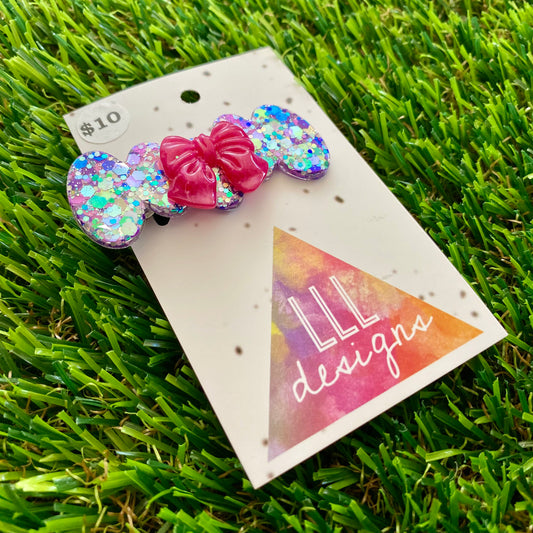 Handmade Resin Hair Clip - Purple Multi Confetti Bubbles and Bows Hair Clip Featuring a Pink Bow!