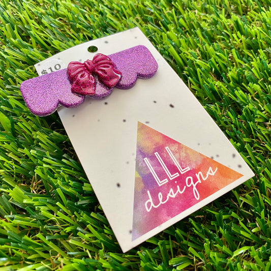 Handmade Resin Hair Clip - Glitter Purple Scalloped Edge Hair Clip Featuring a Glitter Pink Chunky Bow!
