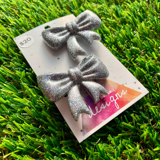 Handmade Resin Hair Clip - Glitter Silver - Large Regular Bow Hair Clip Pair!