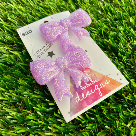 Handmade Resin Hair Clip - Glow In Dark Lavender Glitter - Large Chunky Bow Hair Clip Pair!