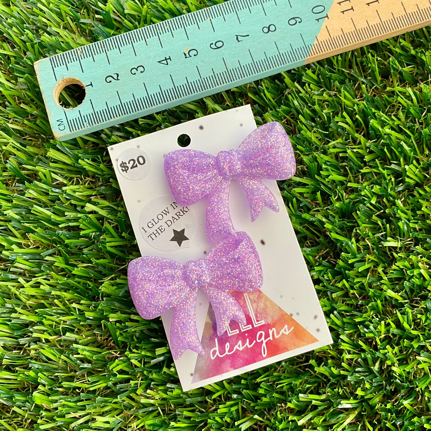 Handmade Resin Hair Clip - Glow In Dark Lavender Glitter - Large Chunky Bow Hair Clip Pair!