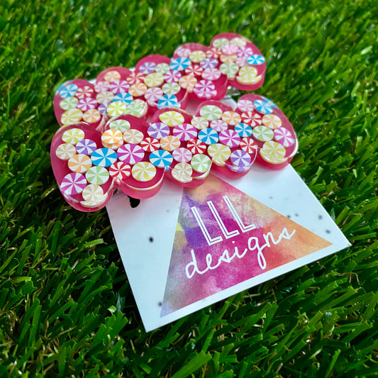 Resin Hair Clip - Watermelon Red Bubble Hair Clip Pair Featuring Hand Placed Rainbow Sweets!