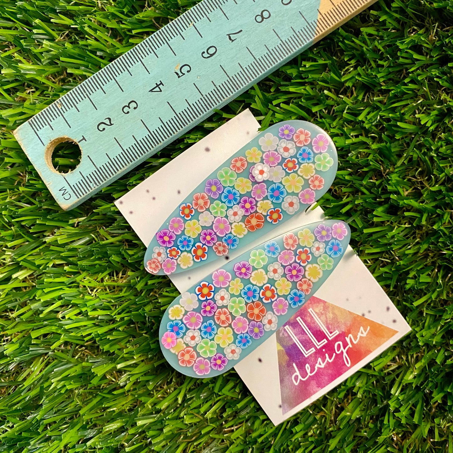 Resin Hair Clip - Mint Green Hair Clip Pair Featuring Hand Placed Rainbow Daisies!