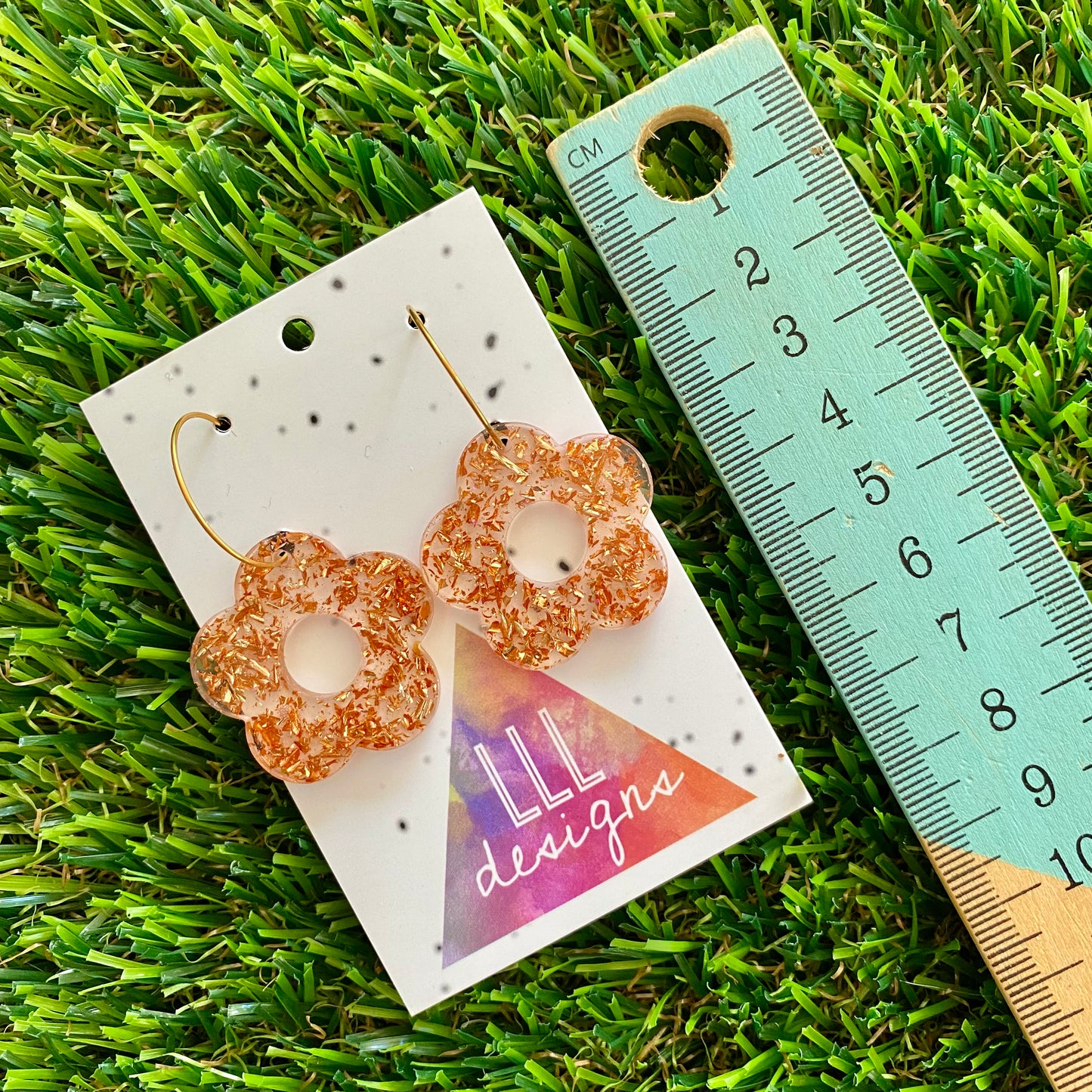 ON SALE!!!! Resin Earrings - Copper Foil Cut Out Daisy Featuring a Gold Hoop!
