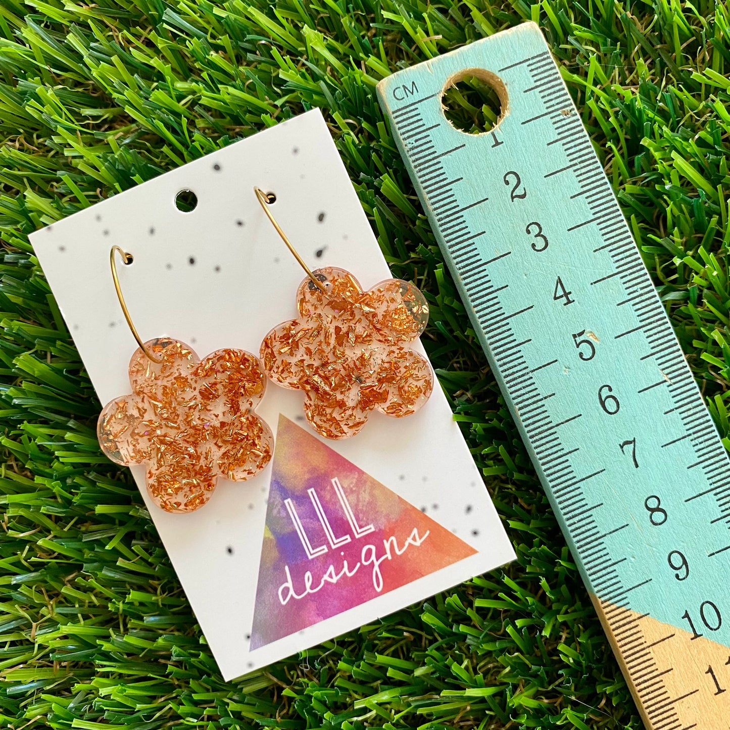 ON SALE!!!! Resin Earrings - Copper Foil Solid Daisy Featuring a Gold Hoop!