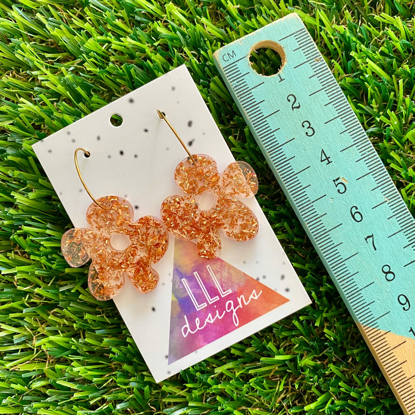 ON SALE!!!! Resin Earrings - Copper Foil Asymmetrical Flower Featuring a Gold Hoop!
