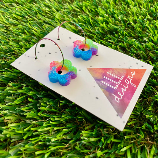 ON SALE!!!! Resin Earrings - Neon Vibrant Mini Daisy Featuring a Rainbow Hoop! (1)