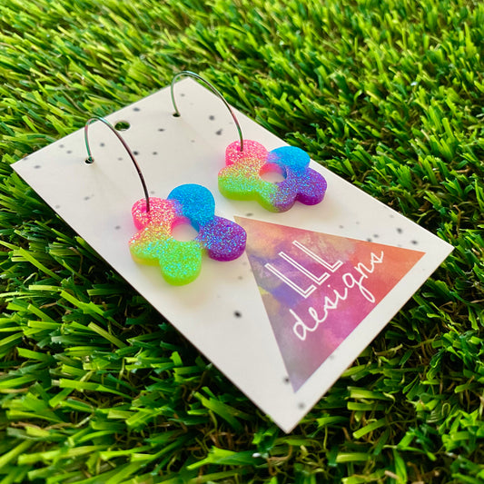 ON SALE!!!! Resin Earrings - Neon Vibrant Wonky Daisy Featuring a Rainbow Hoop!