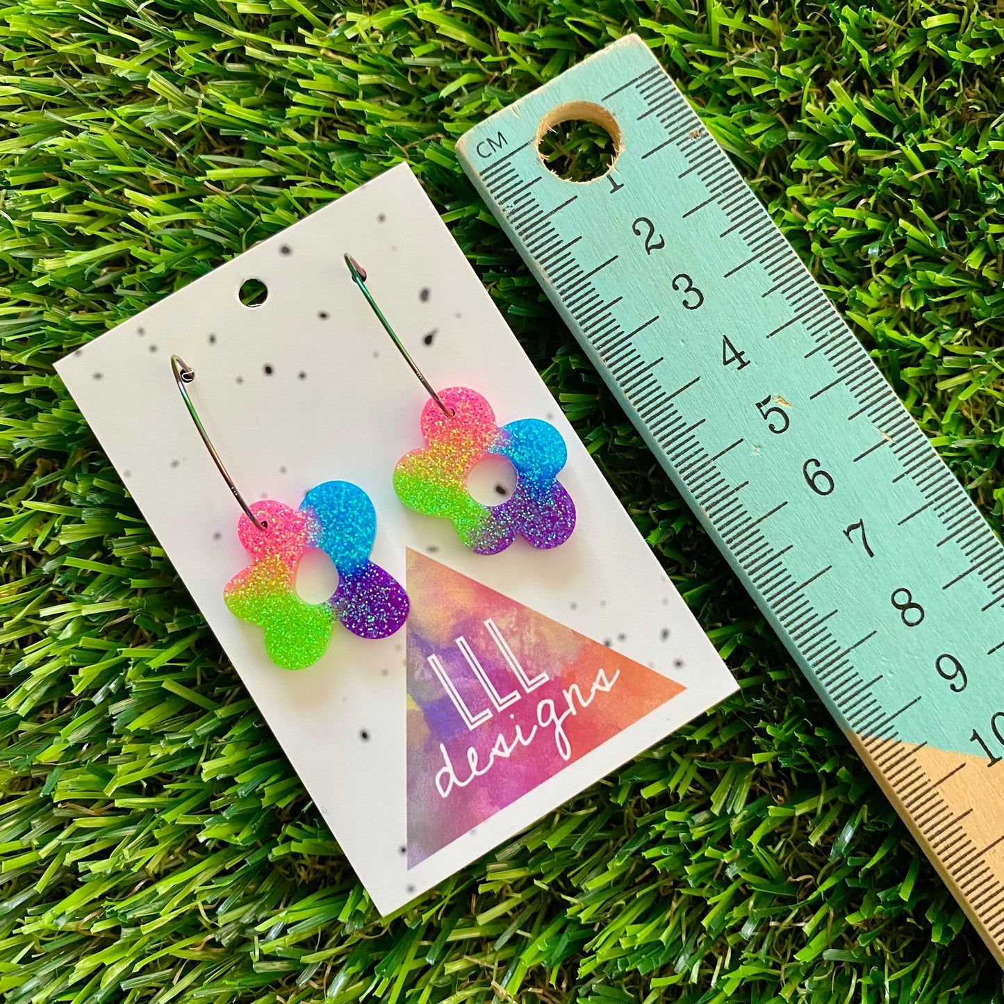ON SALE!!!! Resin Earrings - Neon Vibrant Wonky Daisy Featuring a Rainbow Hoop!