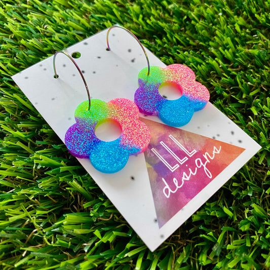 ON SALE!!!! Resin Earrings - Neon Vibrant Cut Out Daisy Featuring a Rainbow Hoop!