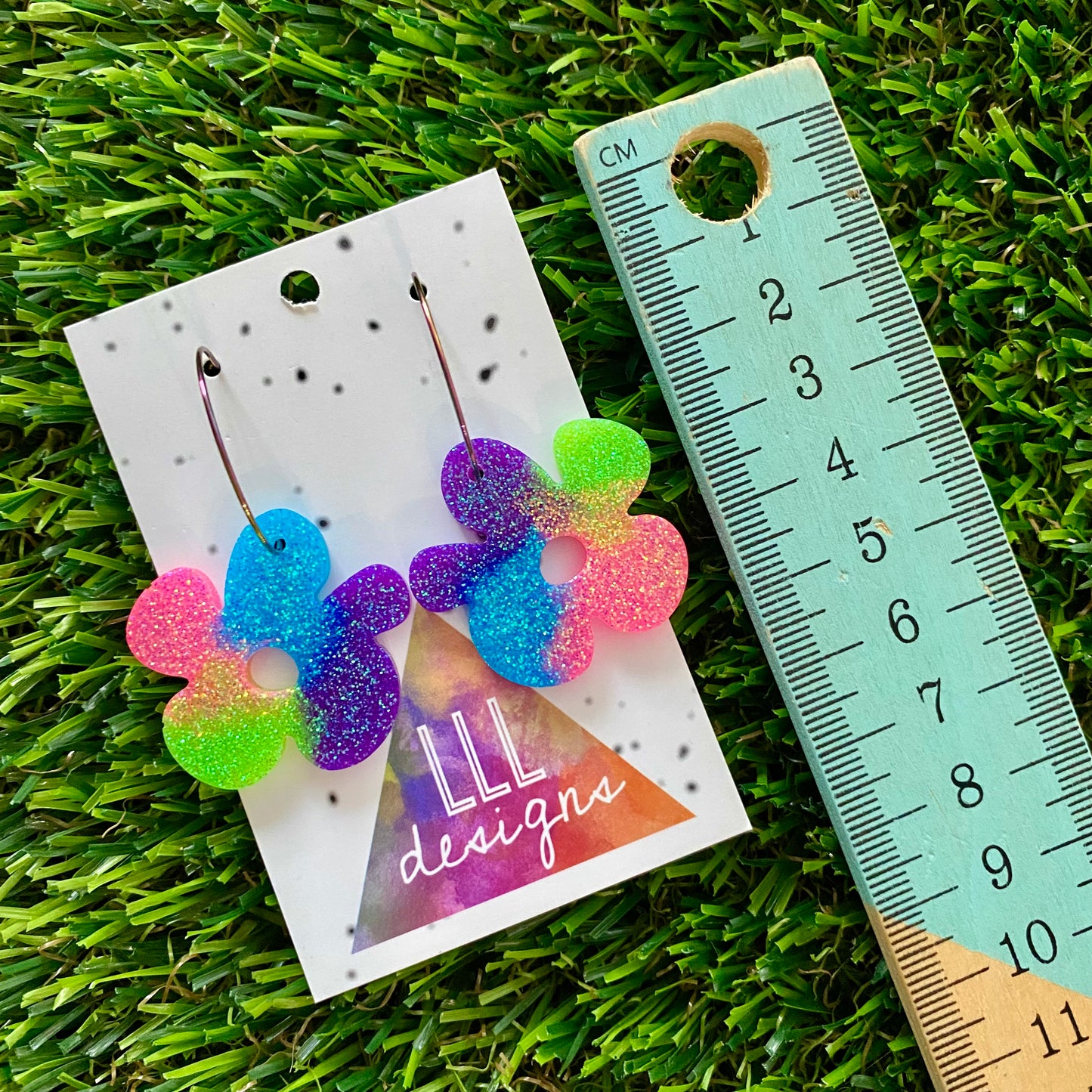 ON SALE!!!! Resin Earrings - Neon Vibrant Asymmetrical Flower Featuring a Rainbow Hoop!