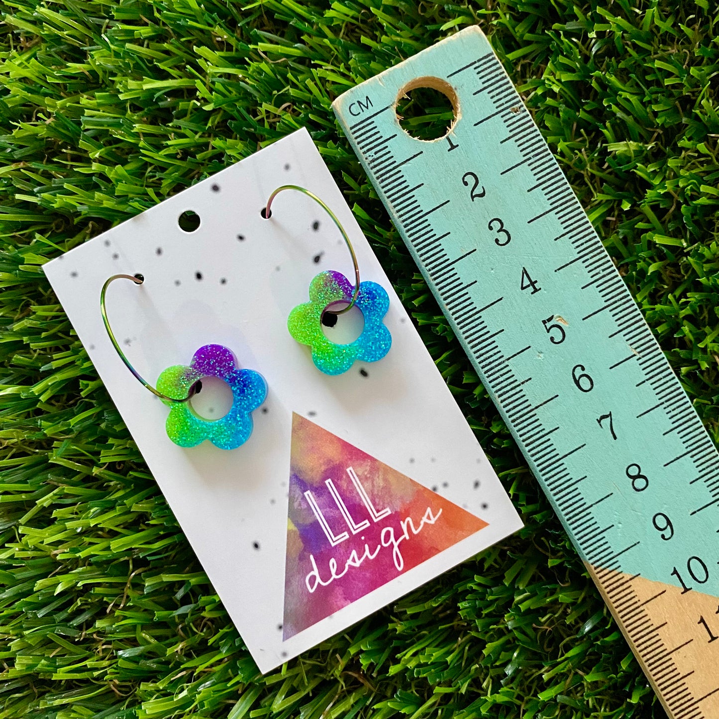 ON SALE!!!! Resin Earrings - Neon Vibrant Mini Daisy Featuring a Rainbow Hoop! (2)