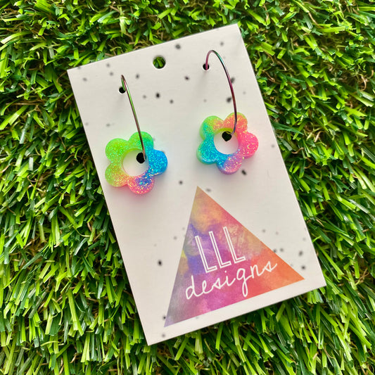 ON SALE!!! Resin Earrings - Neon Vibrant Mini Daisy Featuring a Rainbow Hoop! (3)