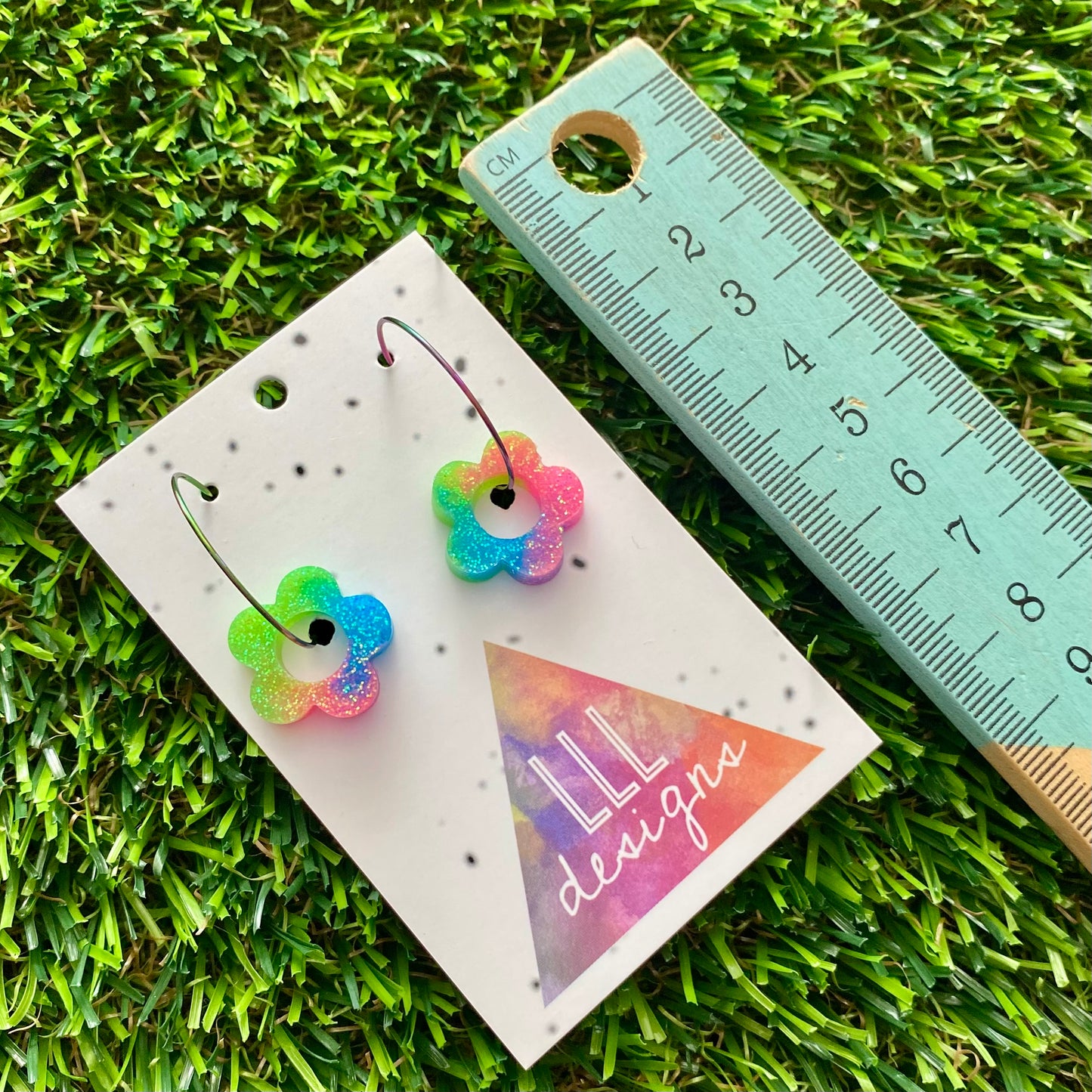 ON SALE!!! Resin Earrings - Neon Vibrant Mini Daisy Featuring a Rainbow Hoop! (3)
