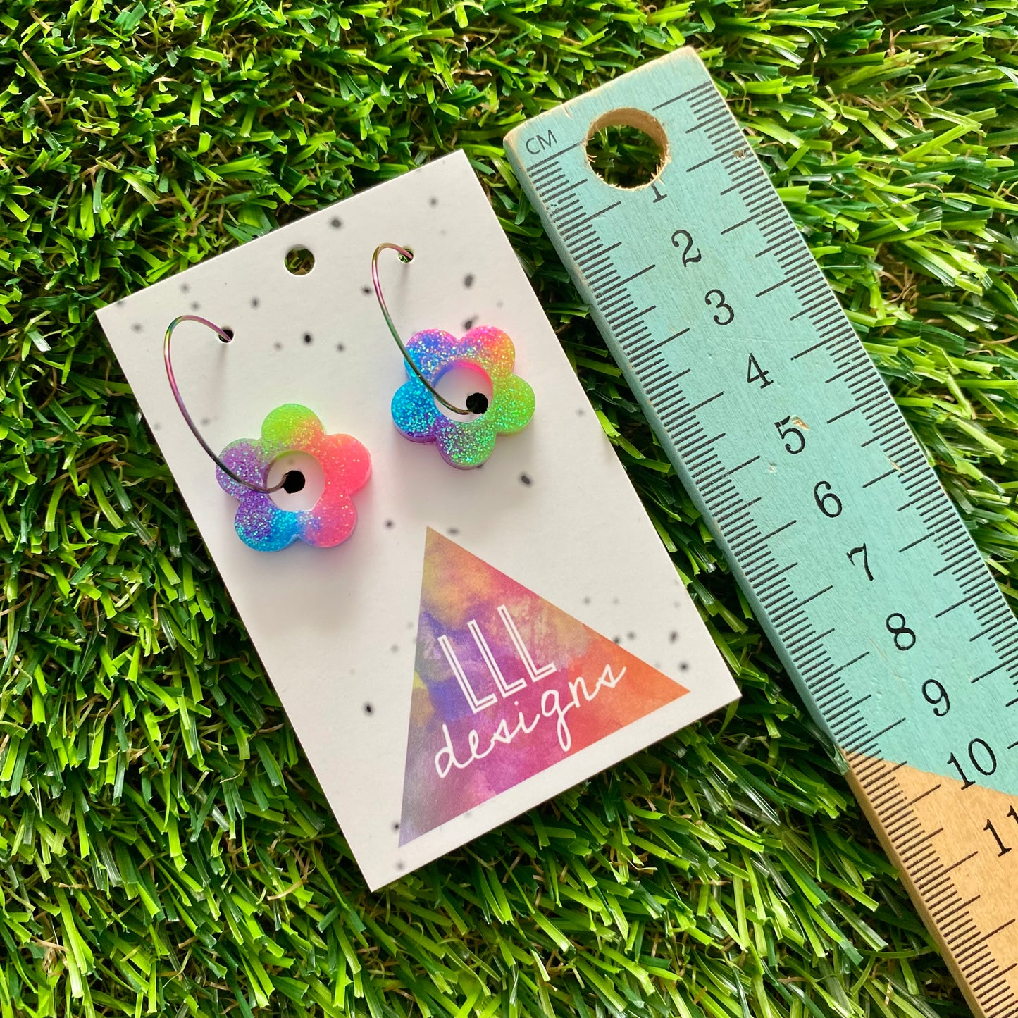 ON SALE!!!! Resin Earrings - Neon Vibrant Mini Daisy Featuring a Rainbow Hoop! (7)