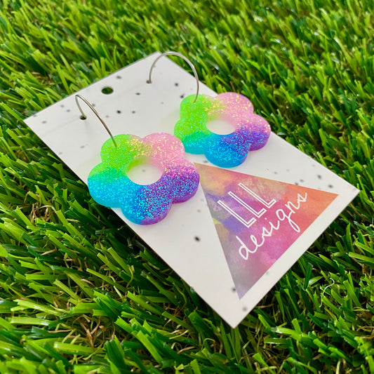 ON SALE!!!! Resin Earrings - Vibrant Cut Out Daisy Featuring a Silver Hoop! (5)