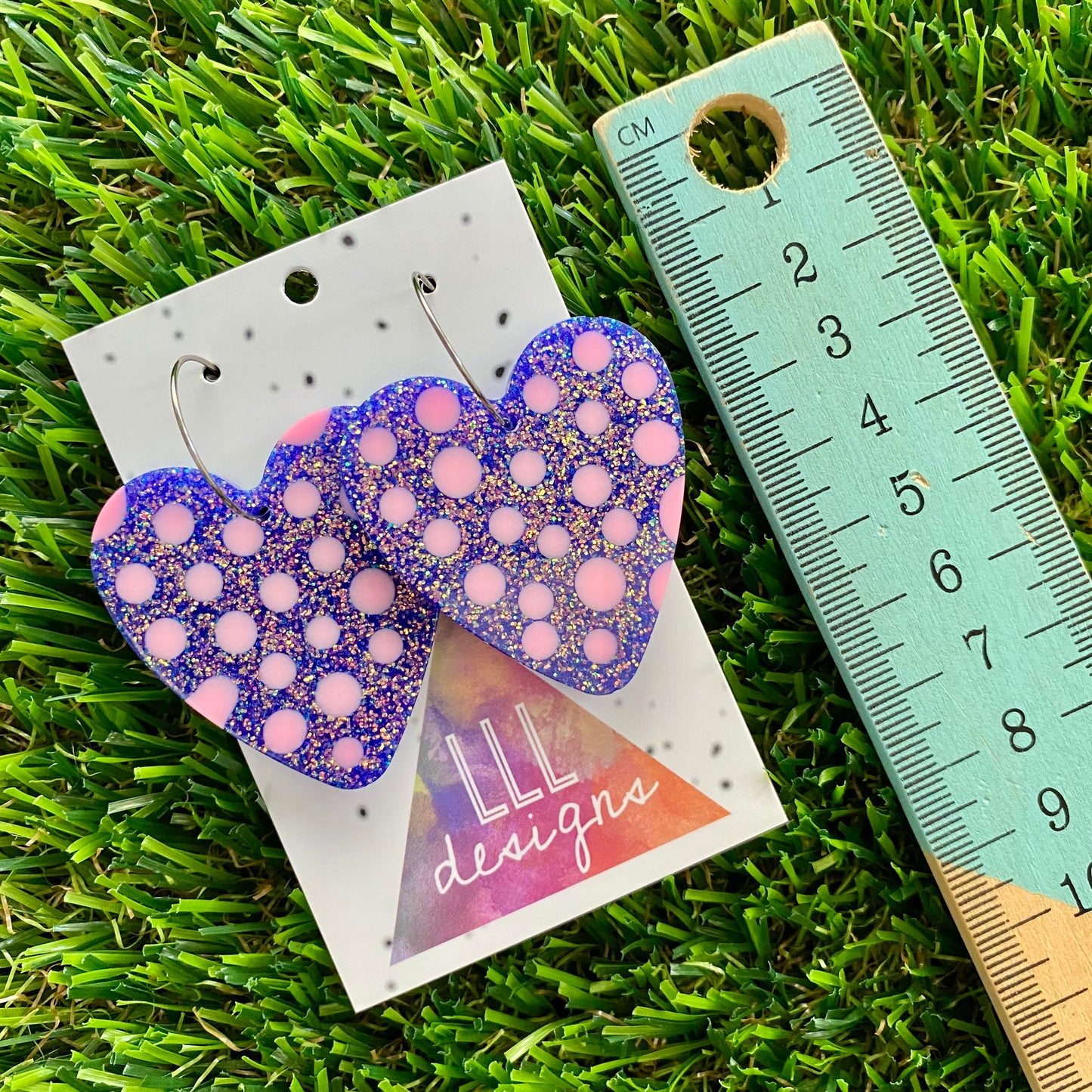 ON SALE!!!!!Resin Earrings - Polka Dotted Galaxy Purple Love Hearts in Large Featuring a Silver Hoop!