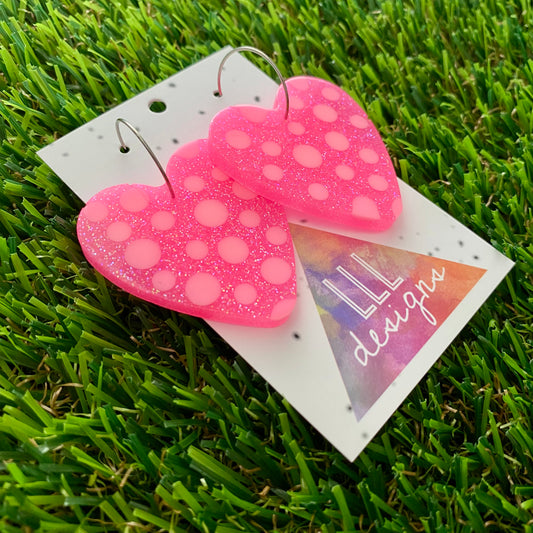 ON SALE!!!! Resin Earrings - Polka Dotted Perfection In Pink Love Hearts in Large Featuring a Silver Hoop! (2)