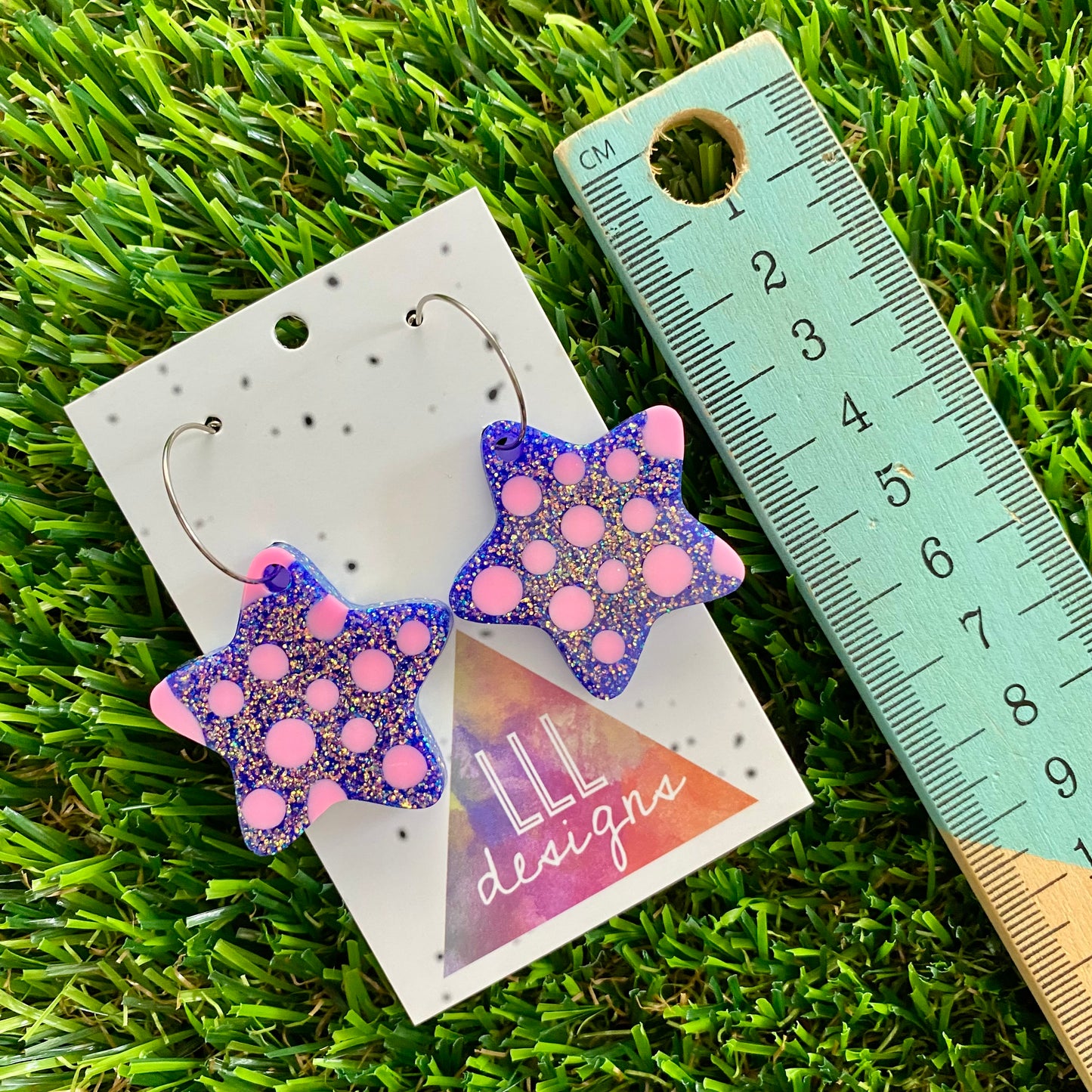 ON SALE!!!! Resin Earrings - Polka Dotted Galaxy Purple Stars in Large Featuring a Silver Hoop! (1)